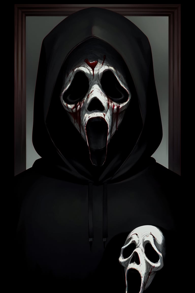 master piece, HD, ultra detailled, high definition, high_res, high_resolution, portrait, 1boy, ghostface, creepy man, black_hoodie, black_layer, ghosface_mask, (blood_on_clothes:1.1), looking_at_the_mirror, dark art