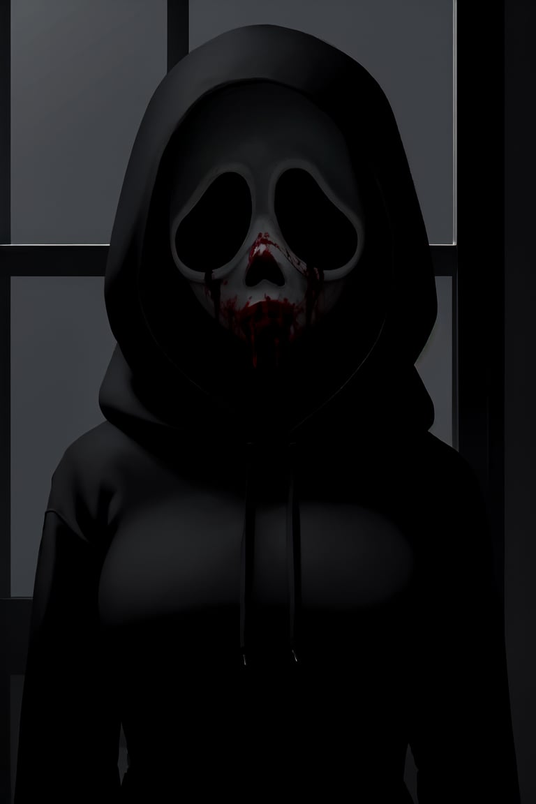 master piece, HD, ultra detailled, high definition, high_res, high_resolution, portrait, 1girl, ghostface, creepy, black_hoodie, black_layer, medium_breasts, ghosface_mask, (blood_on_clothes:1.1), looking_fron_the_window, dark art