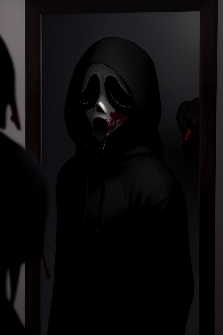 master piece, HD, ultra detailled, high definition, high_res, high_resolution, portrait, 1boy, ghostface, creepy man, black_hoodie, black_layer, ghosface_mask, (blood_on_clothes:1.2), looking_at_the_mirror, dark art,firefliesfireflies