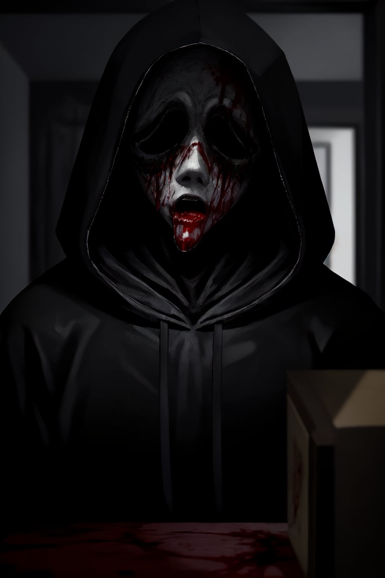master piece, HD, ultra detailled, high definition, high_res, high_resolution, portrait, 1boy, creepy man, black_hoodie, black_layer, ghosface_mask, (blood_on_clothes:1.2), living room, night, crime_scene, dark art, Detailedface,ghostface,nodf_lora