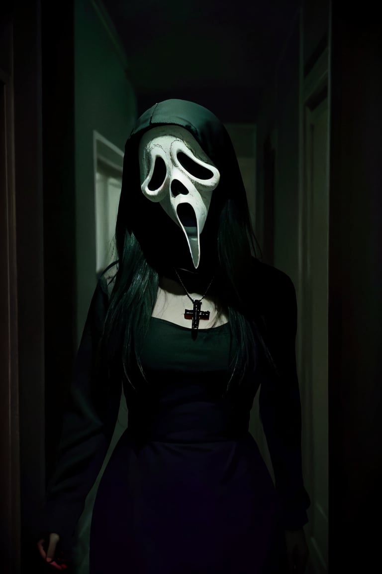 master piece, HD, ultra detailled, high definition, high_res, high_resolution, portrait, 1girl, ghostface, creepy, red_hair, black_layer, medium_breasts, neckline, ghosface_mask, cross_necklace, dark hallway, dark atmosphere, dark art,fantasy00d