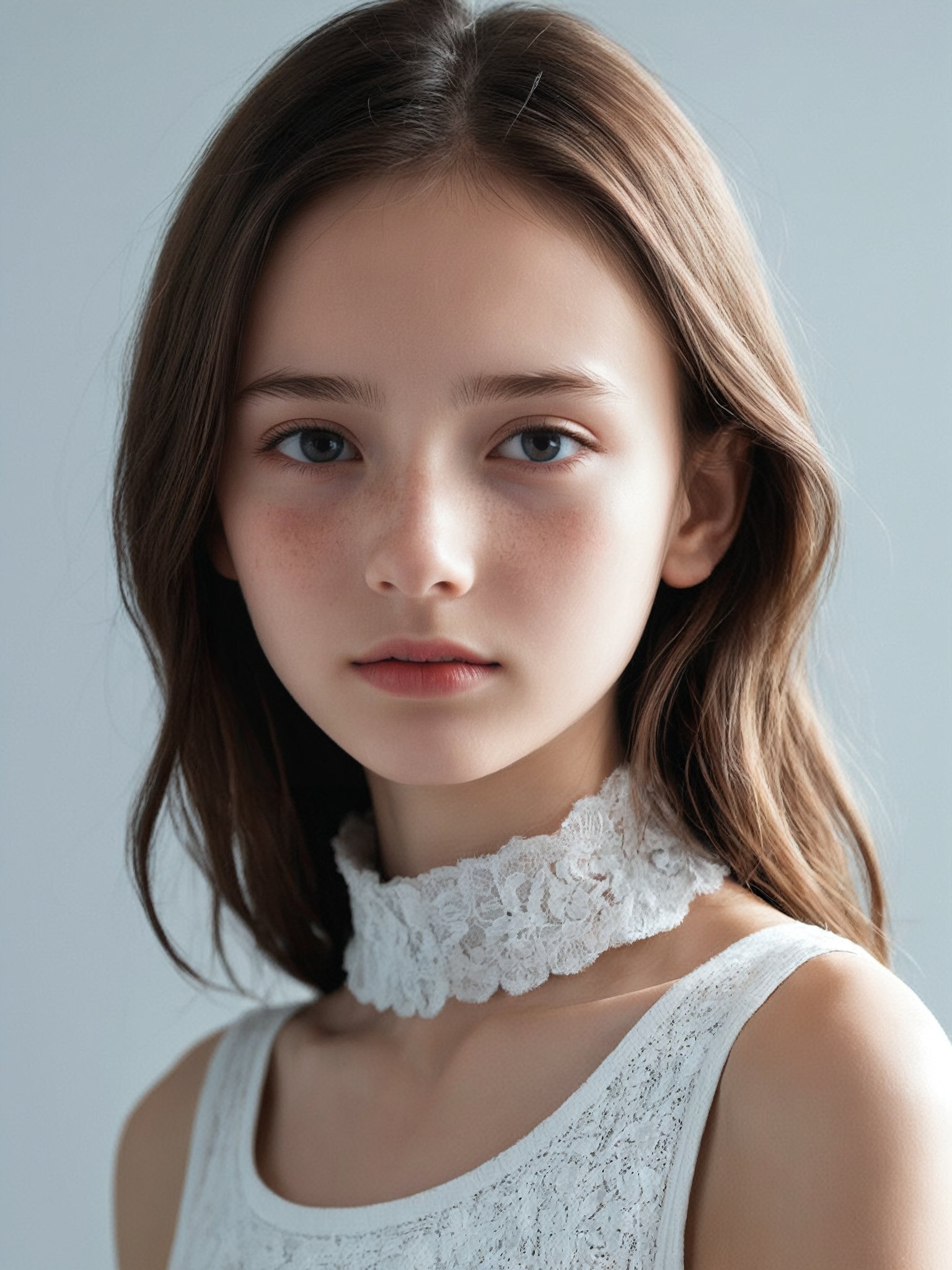 A half-body portrait photo of a Russian fashion model, (age 12-14:1.5),

(ultra realistic,best quality),photorealistic,Extremely Realistic, in depth, cinematic light,hubgwomen,hubg_beauty_girl,

medium hair, detailed face, detailed nose, a young girl wearing tank top, freckles, choker, smirk

intricate background, realism,realistic,raw,analog,portrait,photorealistic,


(slender girl, skinny body, very thin:0.8), 