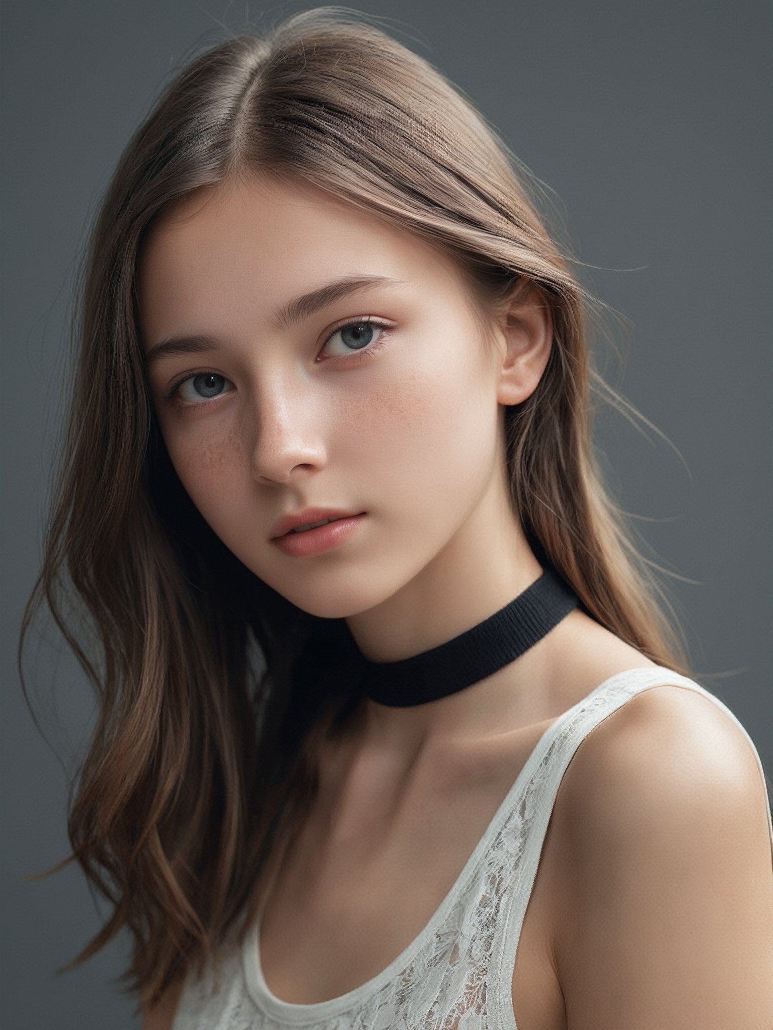 A half-body portrait photo of a Russian fashion model, (age 12-14:1.5),

(ultra realistic,best quality),photorealistic,Extremely Realistic, in depth, cinematic light,hubgwomen,hubg_beauty_girl,

medium hair, detailed face, detailed nose, a young girl wearing tank top, freckles, choker, smirk

intricate background, realism,realistic,raw,analog,portrait,photorealistic,


(slender girl, skinny body, very thin:0.8), 