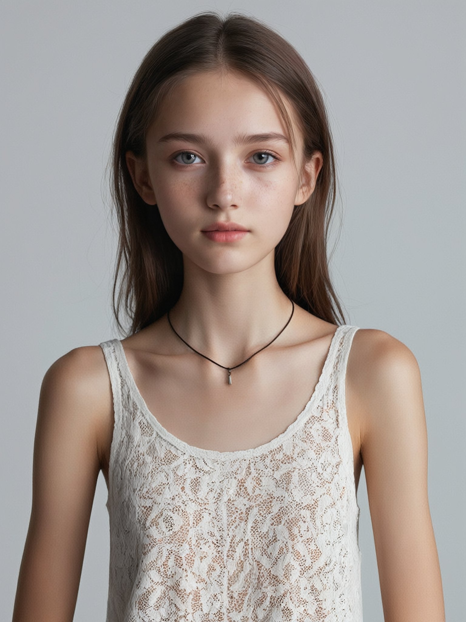 A half-body portrait photo of a Russian fashion model, (age 12-14:1.5),

(ultra realistic,best quality),photorealistic,Extremely Realistic, in depth, cinematic light,hubgwomen,hubg_beauty_girl,

medium hair, detailed face, detailed nose, a young girl wearing tank top, freckles, choker, smirk

intricate background, realism,realistic,raw,analog,portrait,photorealistic,


(slender girl, skinny body, very thin:0.8), 