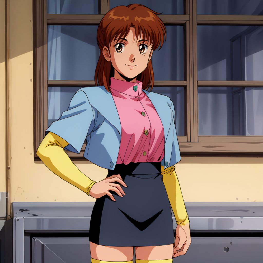 <lora:AniceFarm003:0.7>,looking at viewer,smile,Anice,1girl,brown hair,medium hair,blue jacket,short_sleeves,yellow long sleeves,pink shirt,black skirt,yellow thighhighs,