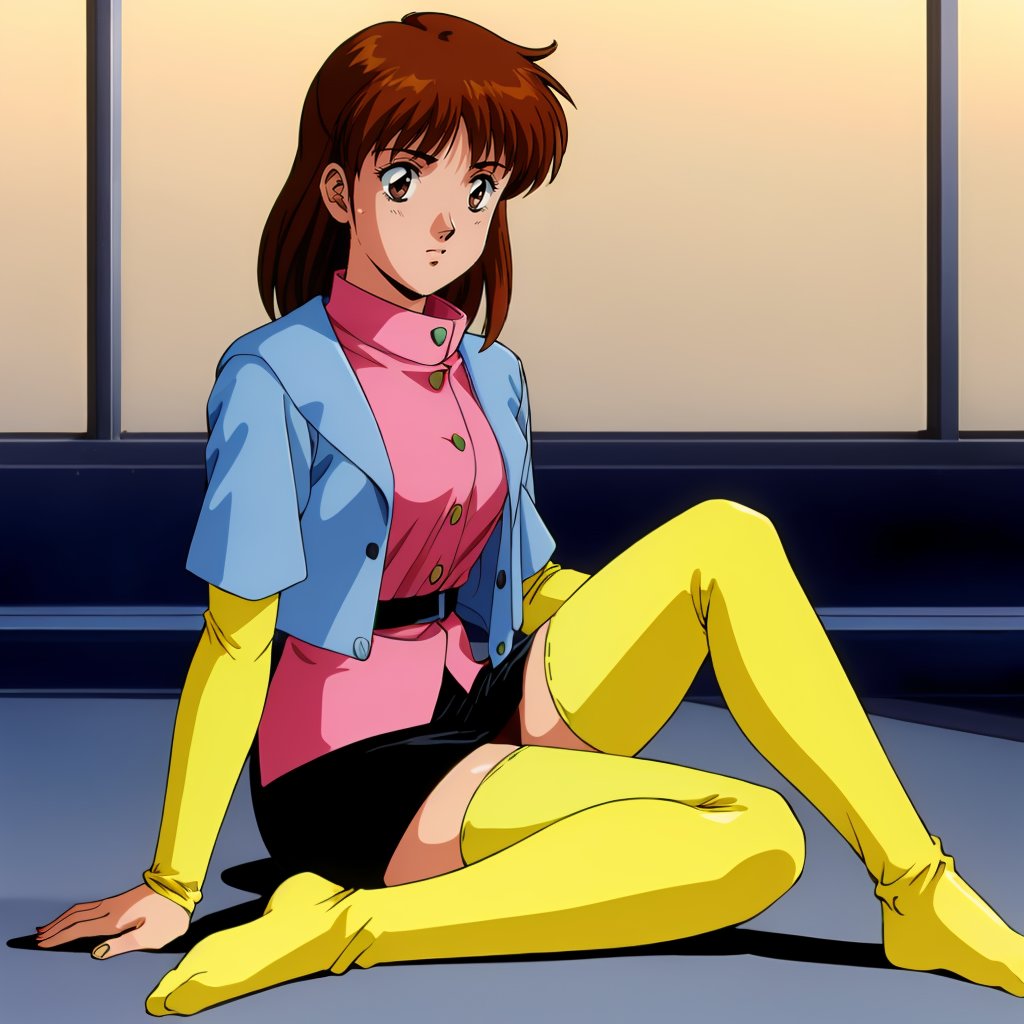 <lora:AniceFarm003:0.7>,Anice,1girl,brown hair,medium hair,blue jacket,short_sleeves,yellow long sleeves,pink shirt,black skirt,yellow thighhighs,full body,sitting,