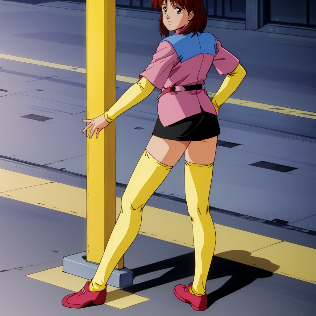 <lora:AniceFarm003:0.7>,looking back,Anice,1girl,brown hair,medium hair,blue jacket,short_sleeves,yellow long sleeves,pink shirt,black skirt,yellow thighhighs,full body,standing,