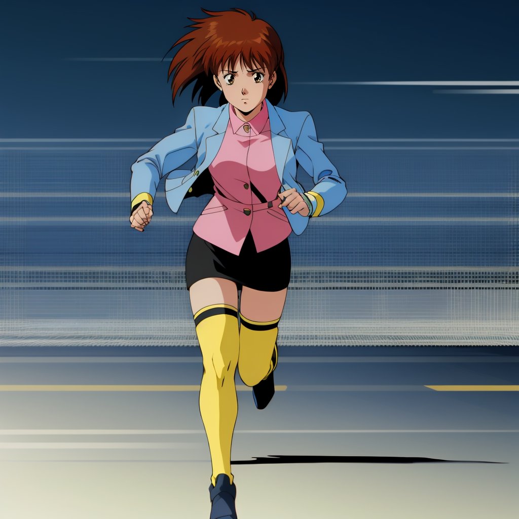 <lora:AniceFarm003:0.7>,Anice,1girl,brown hair,medium hair,blue jacket,short_sleeves,yellow long sleeves,pink shirt,black skirt,yellow thighhighs,full body,running,motion lines,motion_blur,speed_lines,