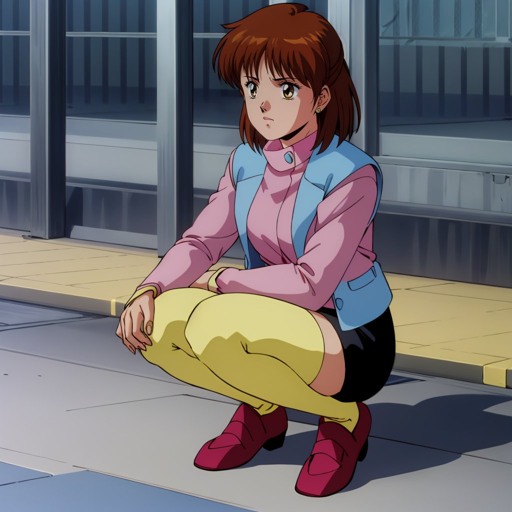 <lora:AniceFarm003:0.7>,Anice,1girl,brown hair,medium hair,blue jacket,short_sleeves,yellow long sleeves,pink shirt,black skirt,yellow thighhighs,full body,squatting,