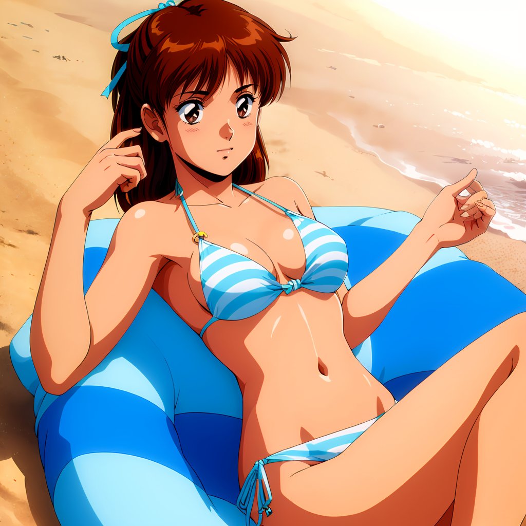 <lora:AniceFarm003:0.7>,<lora:add_detail:0.5>,<lora:noline:0.3>,<lora:boldline:-0.3>,Anice,1girl,brown hair,medium hair,hair ribbon,bikini,ocean,beach,sunshine,