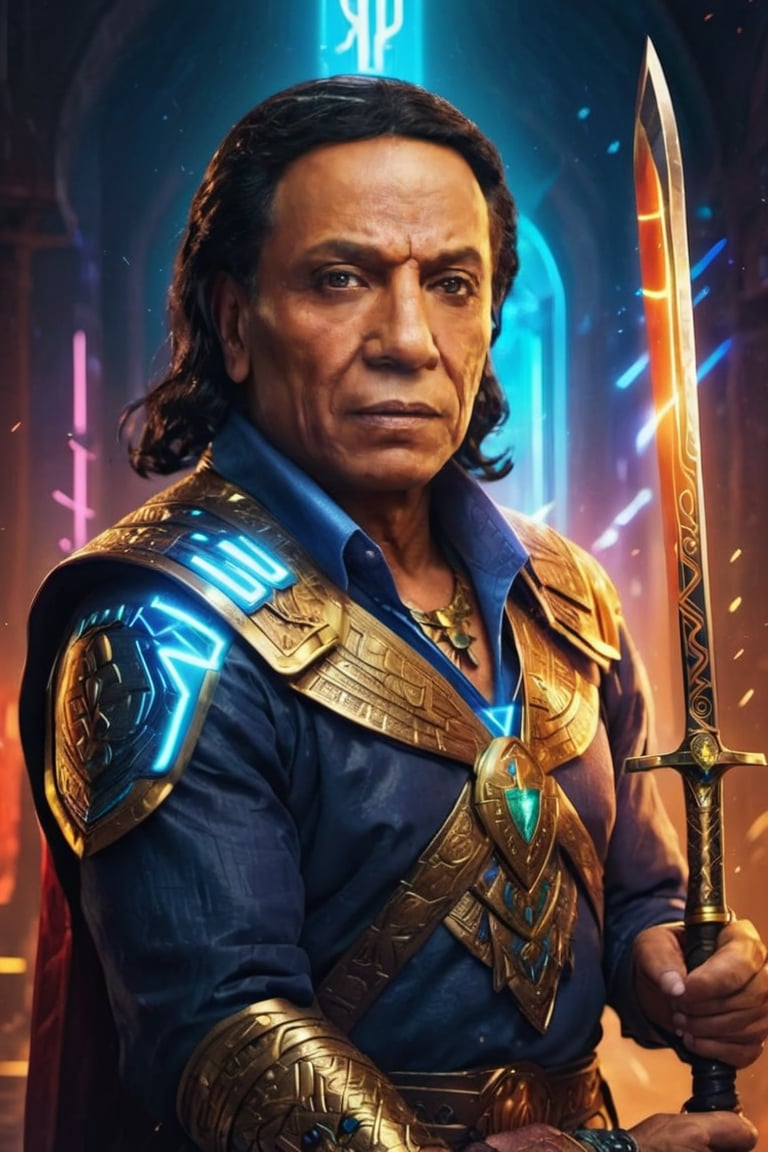 Portrait of egyptian warrior phoroh king, adel emam with sword in his hand, High detailed, Color magic,cyberpunk style