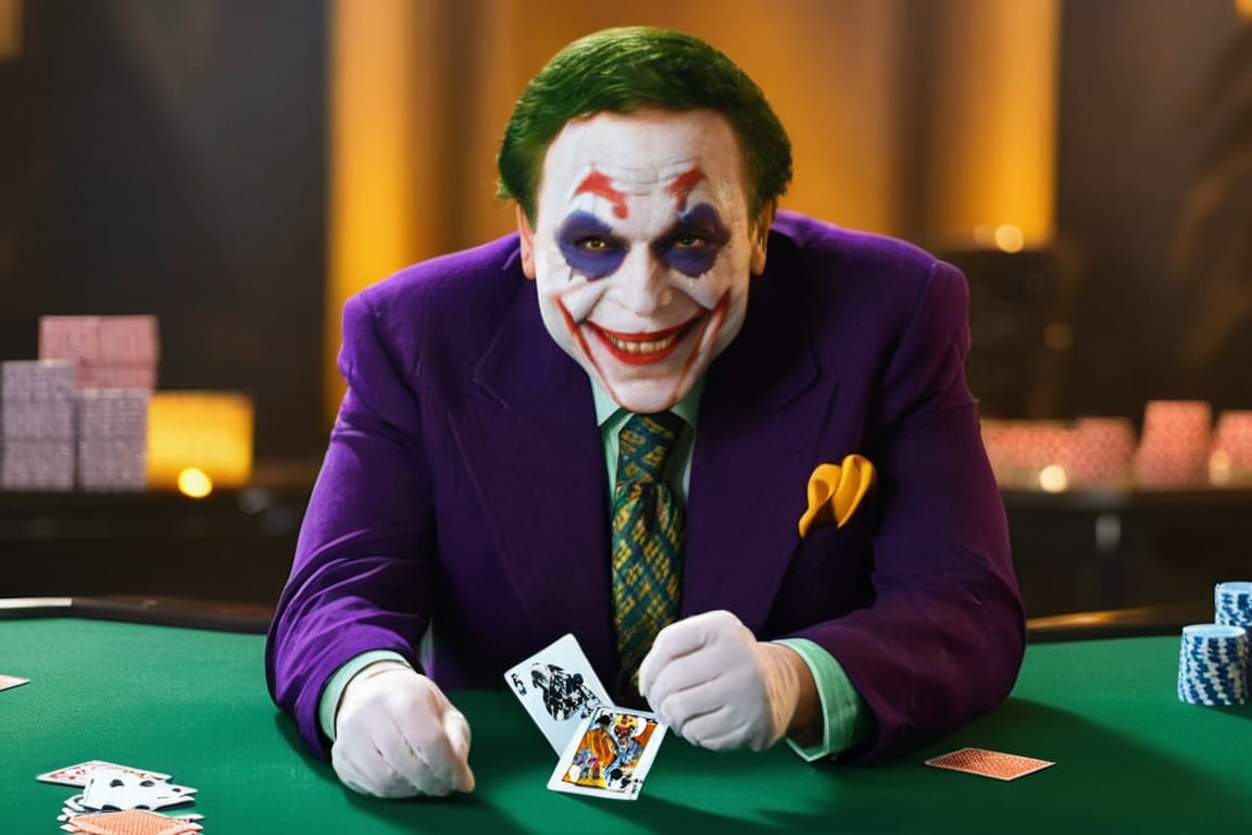 (best quality, 4k, 8k, highres, masterpiece:1.2), ultra-detailed, (realistic, photorealistic, photo-realistic:1.37), 
Joker, card, splash playing lots of cards background, at casino, wearing death metal band look, card, dollars, coins, Gotham,