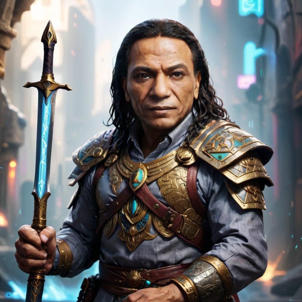 Portrait of egyptian warrior adel emam and sword in his hand, High detailed, Color magic,cyberpunk style