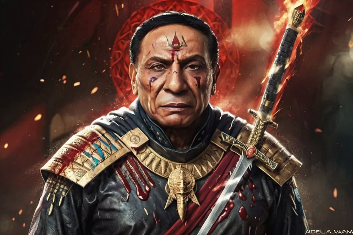 Egyptian warrior phoroh king, evil look, blood on face, wounds in face, adel emam with sword in his hand, High detailed, Color magic,cyberpunk style,adel emam,LegendDarkFantasy,photo r3al