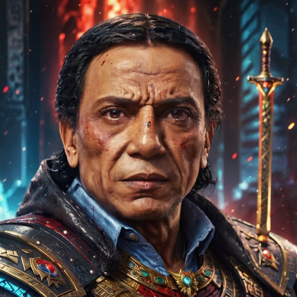 Portrait of egyptian warrior phoroh king, evil look, blood on face, adel emam with sword in his hand, High detailed, Color magic,cyberpunk style,adel emam