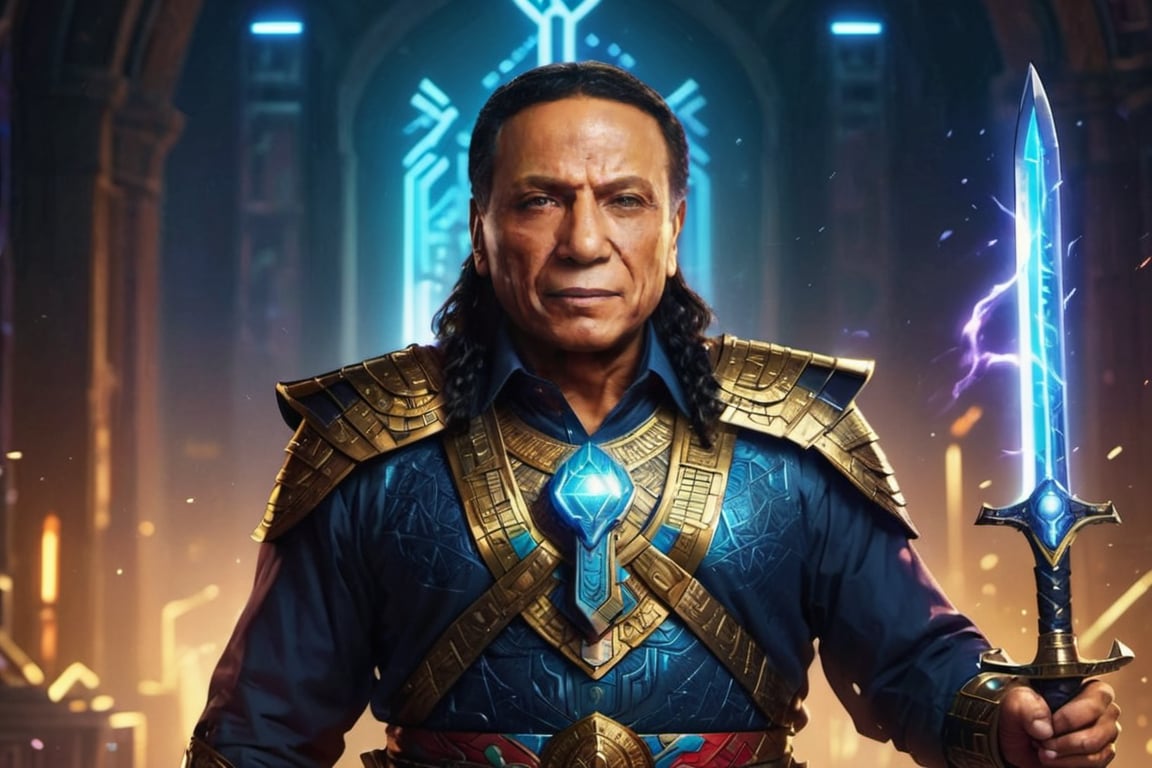 Portrait of egyptian warrior phoroh king, adel emam with sword in his hand, High detailed, Color magic,cyberpunk style