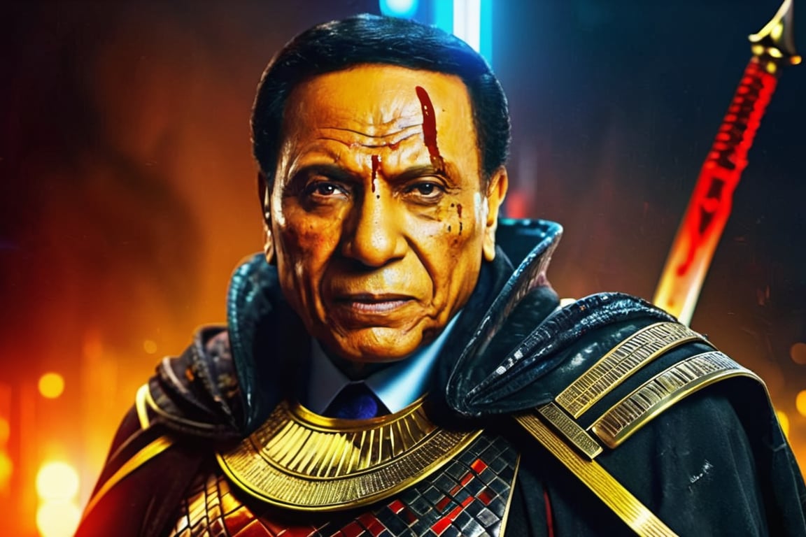 Egyptian warrior phoroh king, evil look, blood on face, wounds in face, adel emam with sword in his hand, High detailed, Color magic,cyberpunk style,adel emam,LegendDarkFantasy,photo r3al,monster