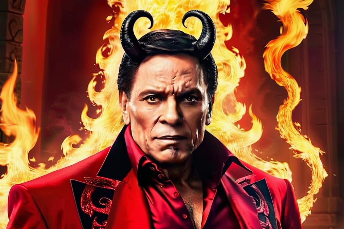 Generate hyper realistic image of a devil man with flowing obsidian hair, adorned in a captivating scarlet gown. His eyes blaze with infernal allure, and the background is engulfed in dancing flames, accentuating his demonic presence.,adel emam,disney pixar style,more detail XL