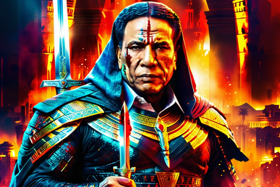 Egyptian warrior phoroh king, evil look, blood on face, wounds in face, adel emam with sword in his hand, High detailed, Color magic,cyberpunk style,adel emam,LegendDarkFantasy