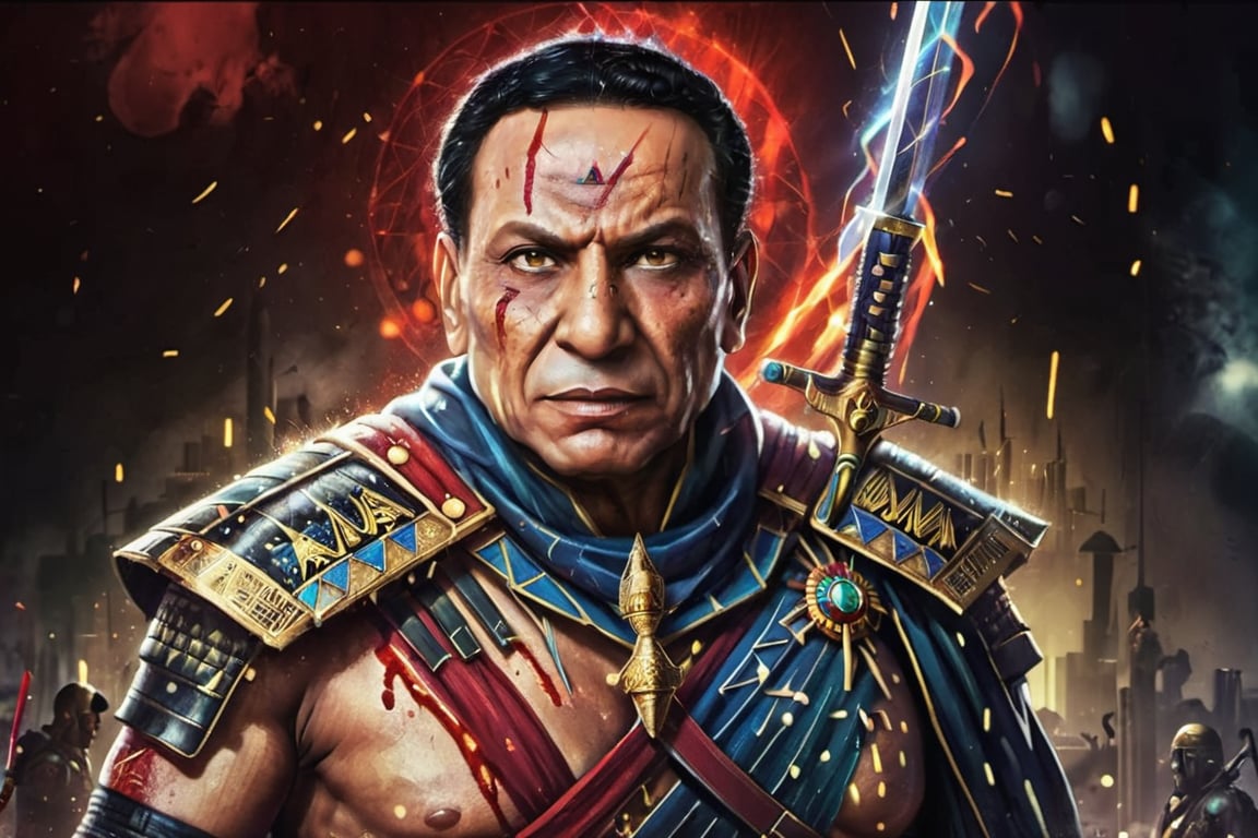 Egyptian warrior phoroh king, evil look, blood on face, wounds in face, adel emam with sword in his hand, High detailed, Color magic,cyberpunk style,adel emam,LegendDarkFantasy,photo r3al,colorful