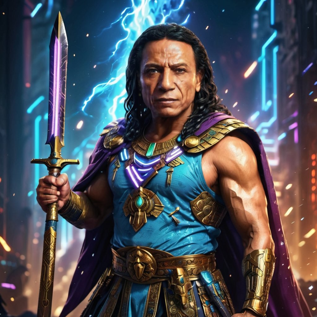 Portrait of egyptian warrior phoroh king, adel emam with sword in his hand, High detailed, Color magic,cyberpunk style