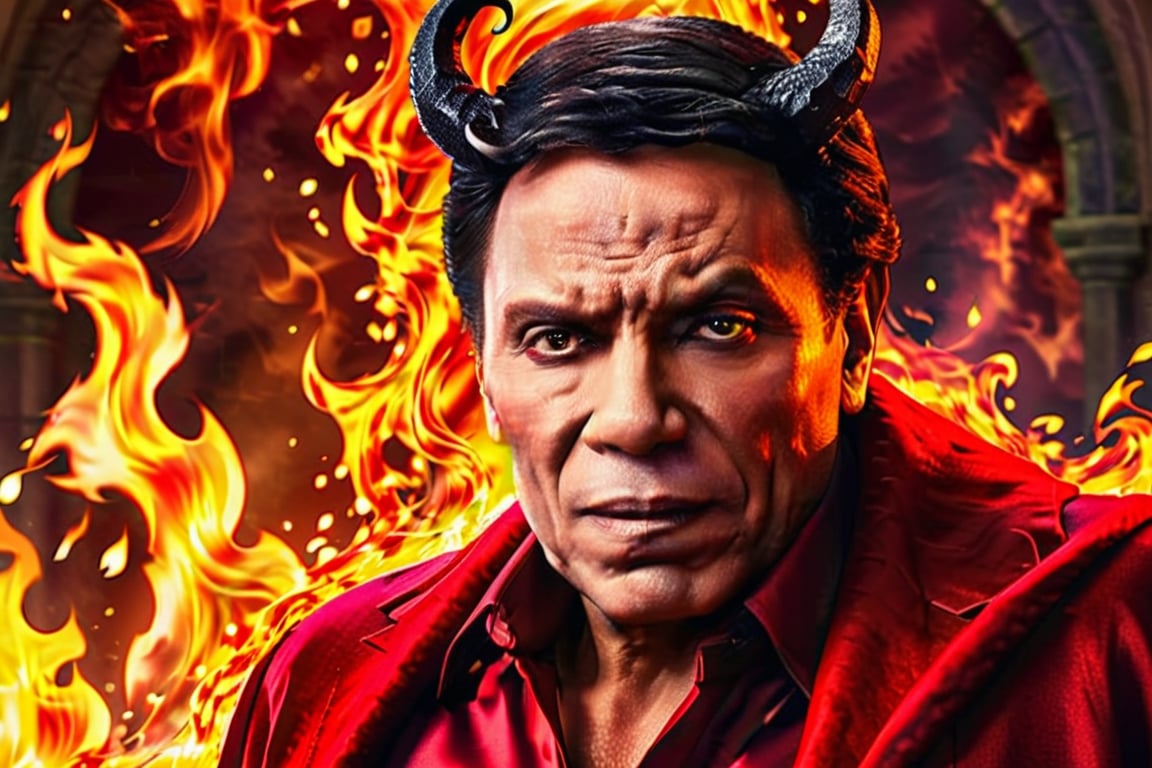 Generate hyper realistic image of a devil man with flowing obsidian hair, adorned in a captivating scarlet gown. His eyes blaze with infernal allure, and the background is engulfed in dancing flames, accentuating his demonic presence.,adel emam,disney pixar style,more detail XL