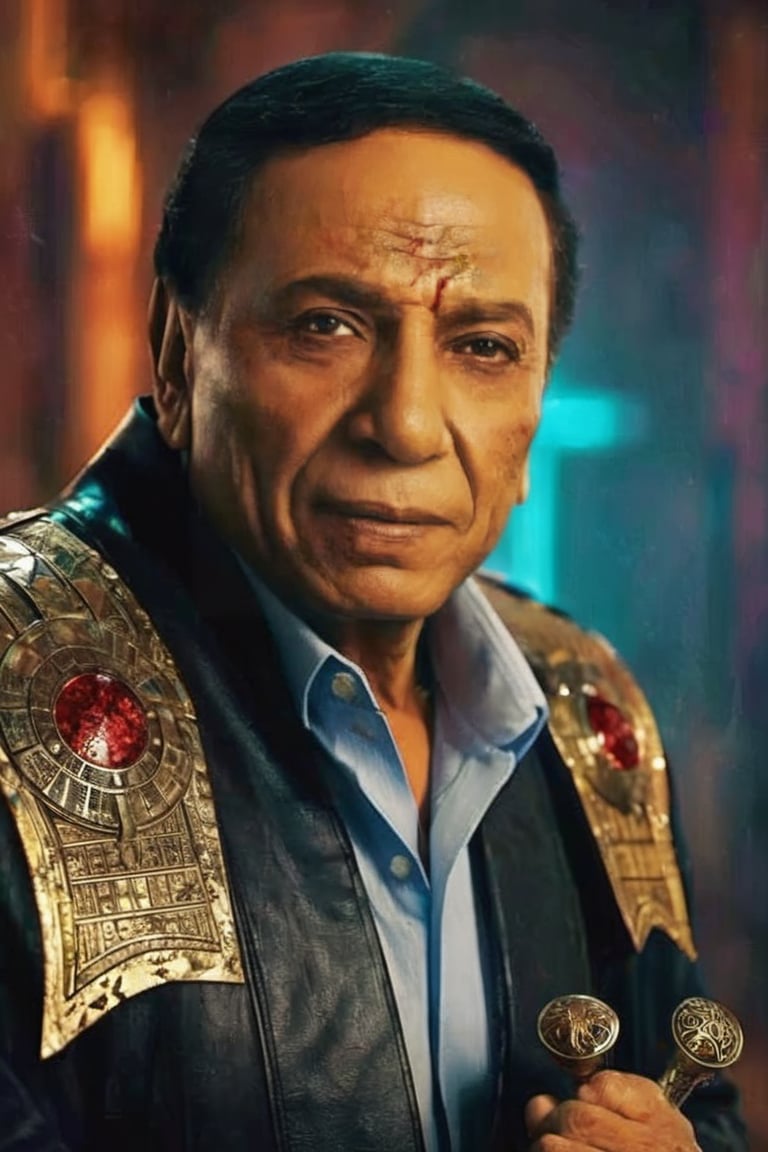 Portrait of egyptian warrior phoroh king, evil look, blood on face, wounds in face, adel emam with sword in his hand, High detailed, Color magic,cyberpunk style,adel emam