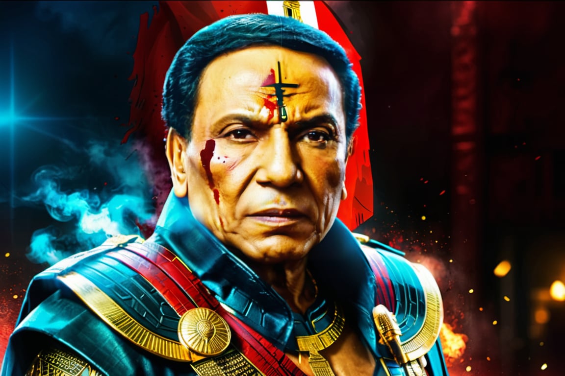 Egyptian warrior phoroh king, evil look, blood on face, wounds in face, adel emam with sword in his hand, High detailed, Color magic,cyberpunk style,adel emam