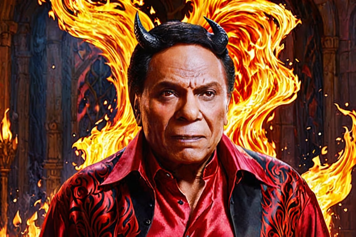 Generate hyper realistic image of a devil man with flowing obsidian hair, adorned in a captivating scarlet gown. His eyes blaze with infernal allure, and the background is engulfed in dancing flames, accentuating his demonic presence.,adel emam,disney pixar style,more detail XL