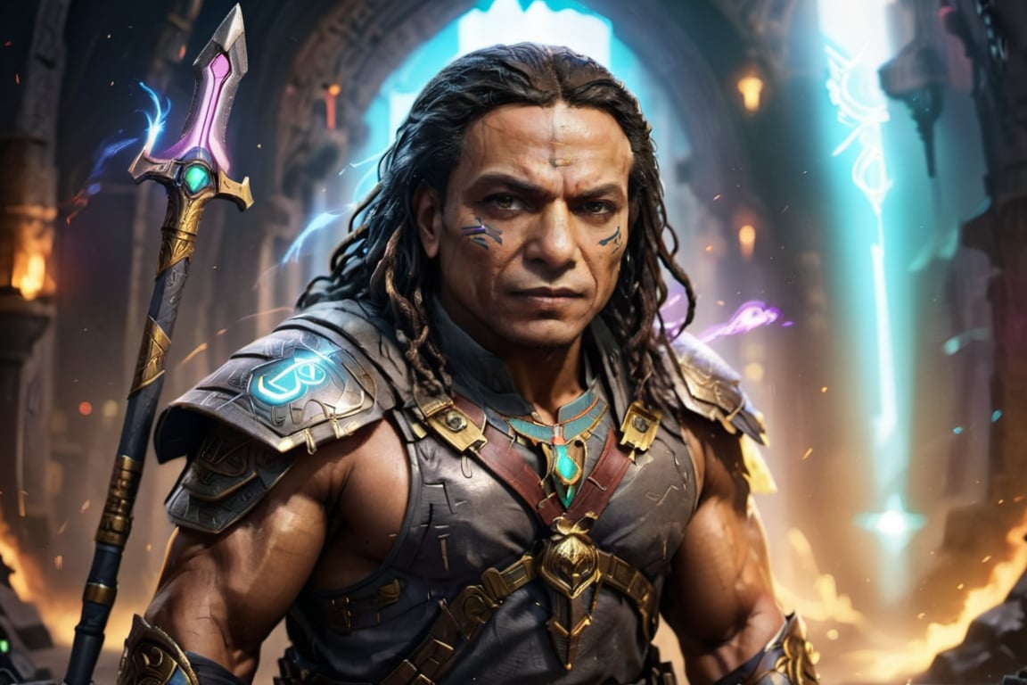Portrait of egyptian warrior adel emam and sword in his hand, High detailed, Color magic,cyberpunk style
