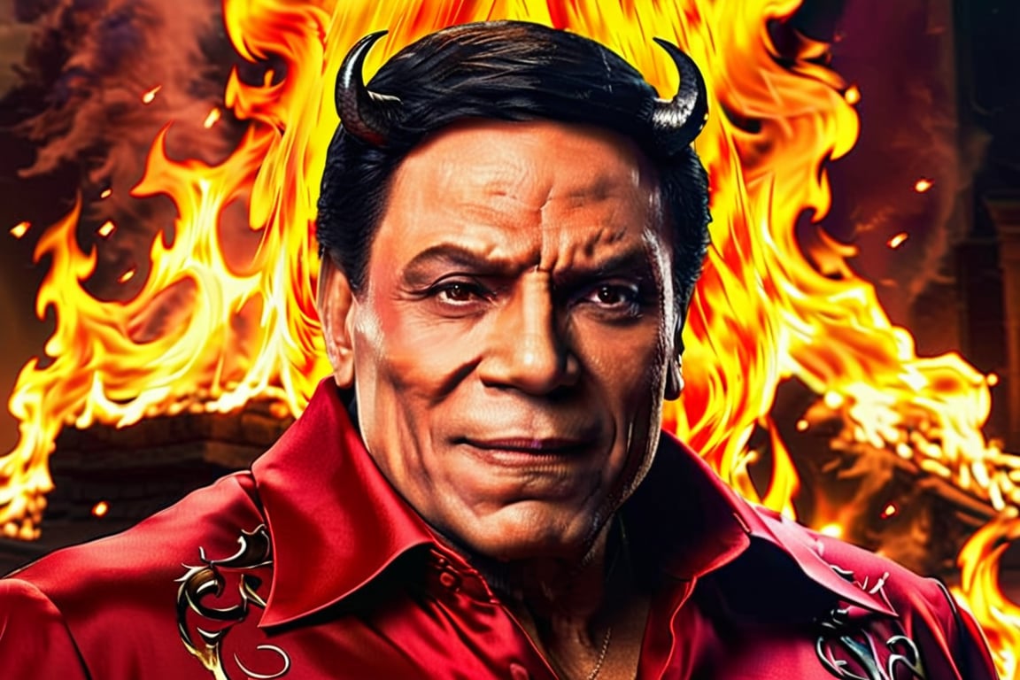 Generate hyper realistic image of a devil man with flowing obsidian hair, adorned in a captivating scarlet gown. His eyes blaze with infernal allure, and the background is engulfed in dancing flames, accentuating his demonic presence.,adel emam,disney pixar style,more detail XL