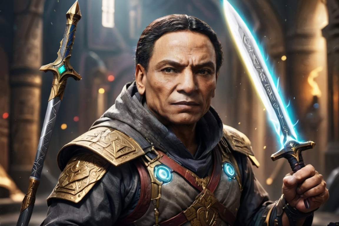 Portrait of egyptian warrior adel emam and sword in his hand, High detailed, Color magic,cyberpunk style