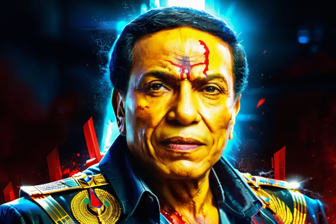 Portrait of egyptian warrior phoroh king, evil look, blood on face, wounds in face, adel emam with sword in his hand, High detailed, Color magic,cyberpunk style,adel emam