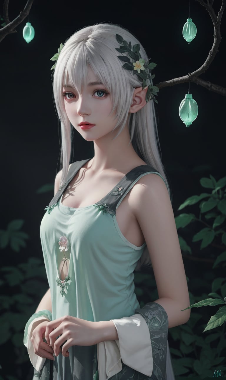 HDR, Ultra detailed illustration of a elf in a magical world full of wonders forest, unique luminous flora, highly detailed, pastel colors, digital art, art by Mschiffer, night, dark, grey bioluminescence, (darkness background:1.2), 1girl, white skin, pale skin,
