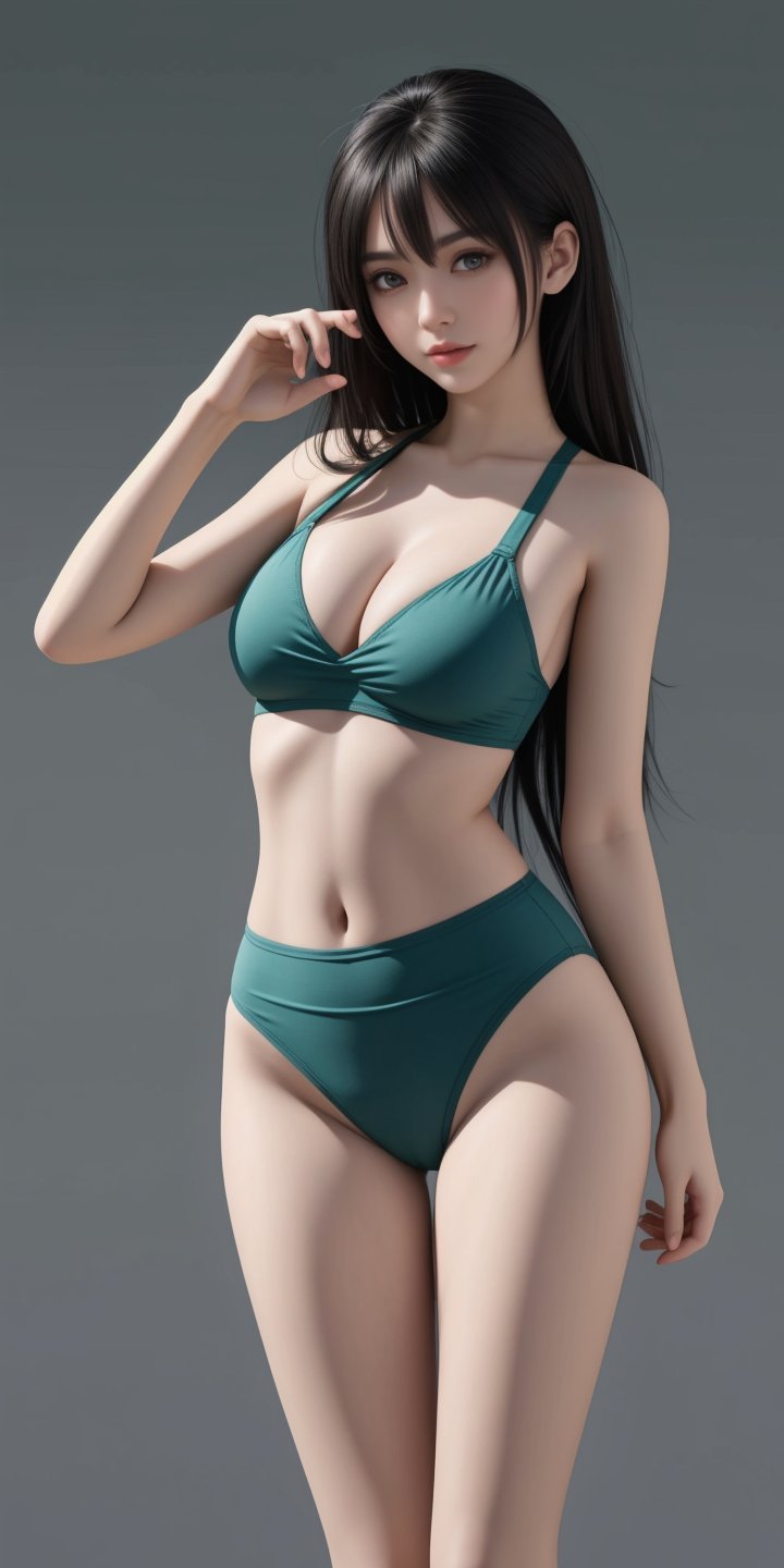 fair skin, white skin, long hair, best quality, masterpiece, high resolution, original, extremely detailed body, 1girl, aqua_background, waist, long legs, dark green background, (dark grey hair:1.3), round breasts, long_hair, big eyes, looking_at_viewer, solo, medium full shot, body curve, hand, fingers, innocent, dynamic pose,
,<lora:659111690174031528:1.0>