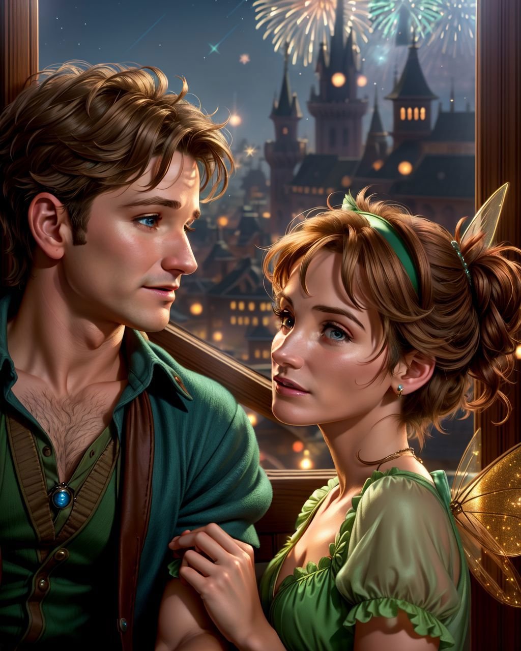 1boy, 1girl, photo RAW, couples portrait, Young Robin Williams as Peter Pan and (Julia Roberts is Tinkerbell) looking over the city from a window, disney style, whimsical lighting, sharp focus, nighttime, fireworks in the sky, absurdres,  <lora:XenoDetailer:0.25>, fairy, fairy wings, magic wand, detailed face,  masterpiece, award winning photography, lighting, perfect composition, high detail, hyper realistic,dramatic lighting, epic, detailed eyes, perfect face, fairy dust and sparkles in the air, scene from Peter Pan Movie