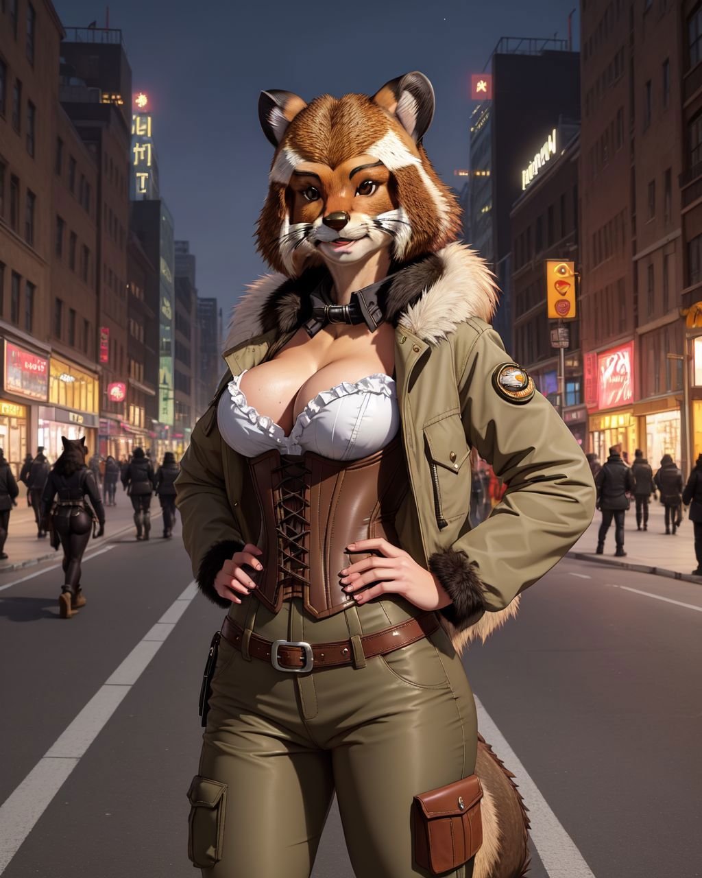 female (anthro, mammal, beaver:1.5), horizontal pupils, fully clothed, bottomwear, topwear, pants, jacket, (adventurer), hand on hip, fur, fluffy, tuft, chest tuft, long hair, neck tuft, inner ear fluff, digitigrade, standing, front view, looking at viewer, (detailed background),city streets at night, (busy city street:1.3), upper body shot, large breasts, dieselpunk outfit, corset, 