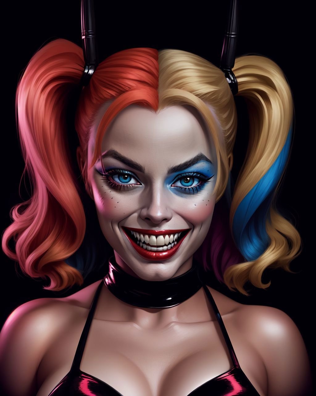 photo RAW, 1/2 shot portrait, Margot Robbie is Harley Quinn, evil grin, Harley Quinn Makeup, masterpiece, award winning photography, lighting, perfect composition, high detail, hyper realistic, dark dramatic lighting, epic,