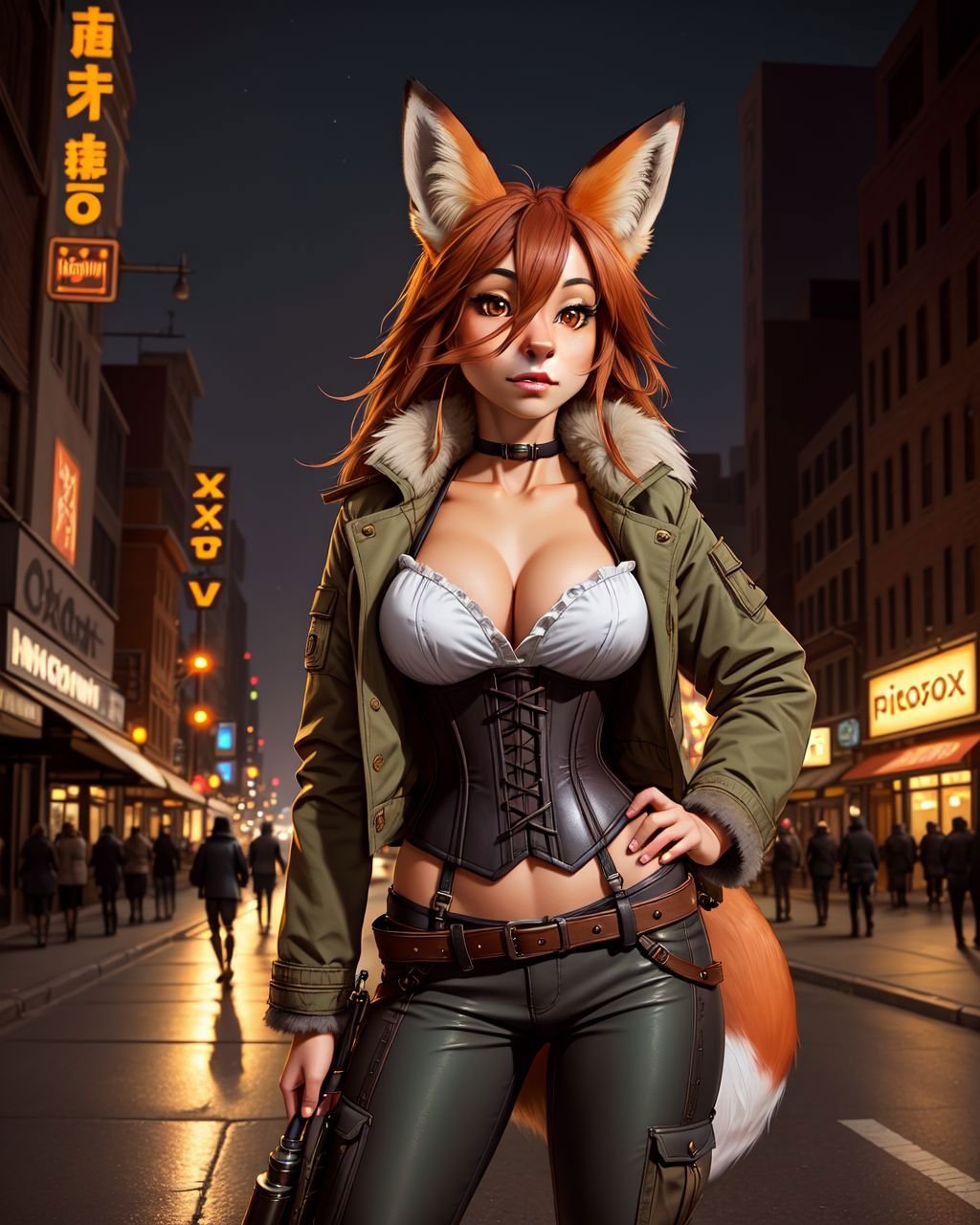 photo RAW, portrait, female (anthro, mammal, fox:1.4), horizontal pupils, fully clothed, bottomwear, topwear, pants, jacket, (adventurer), hand on hip, fur, fluffy, tuft, chest tuft, long hair, neck tuft, inner ear fluff, digitigrade, standing, front view, looking at viewer, (detailed background),city streets at night, upper body shot, large breasts, dieselpunk outfit, corset,  <lora:XenoDetailer:0.25> , masterpiece, award winning photography, lighting, perfect composition, high detail, hyper realistic,dramatic lighting, epic  