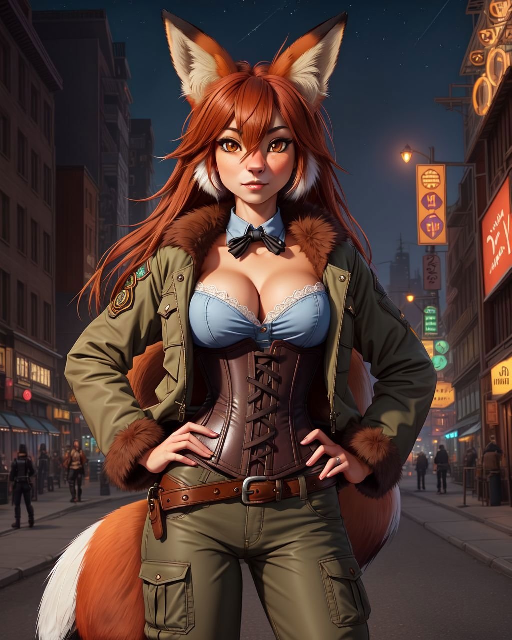 photo RAW, portrait, female (anthro, mammal, fox:1.4), horizontal pupils, fully clothed, bottomwear, topwear, pants, jacket, (adventurer), hand on hip, fur, fluffy, tuft, chest tuft, long hair, neck tuft, inner ear fluff, digitigrade, standing, front view, looking at viewer, (detailed background),city streets at night, upper body shot, large breasts, dieselpunk outfit, corset,  <lora:XenoDetailer:0.25>