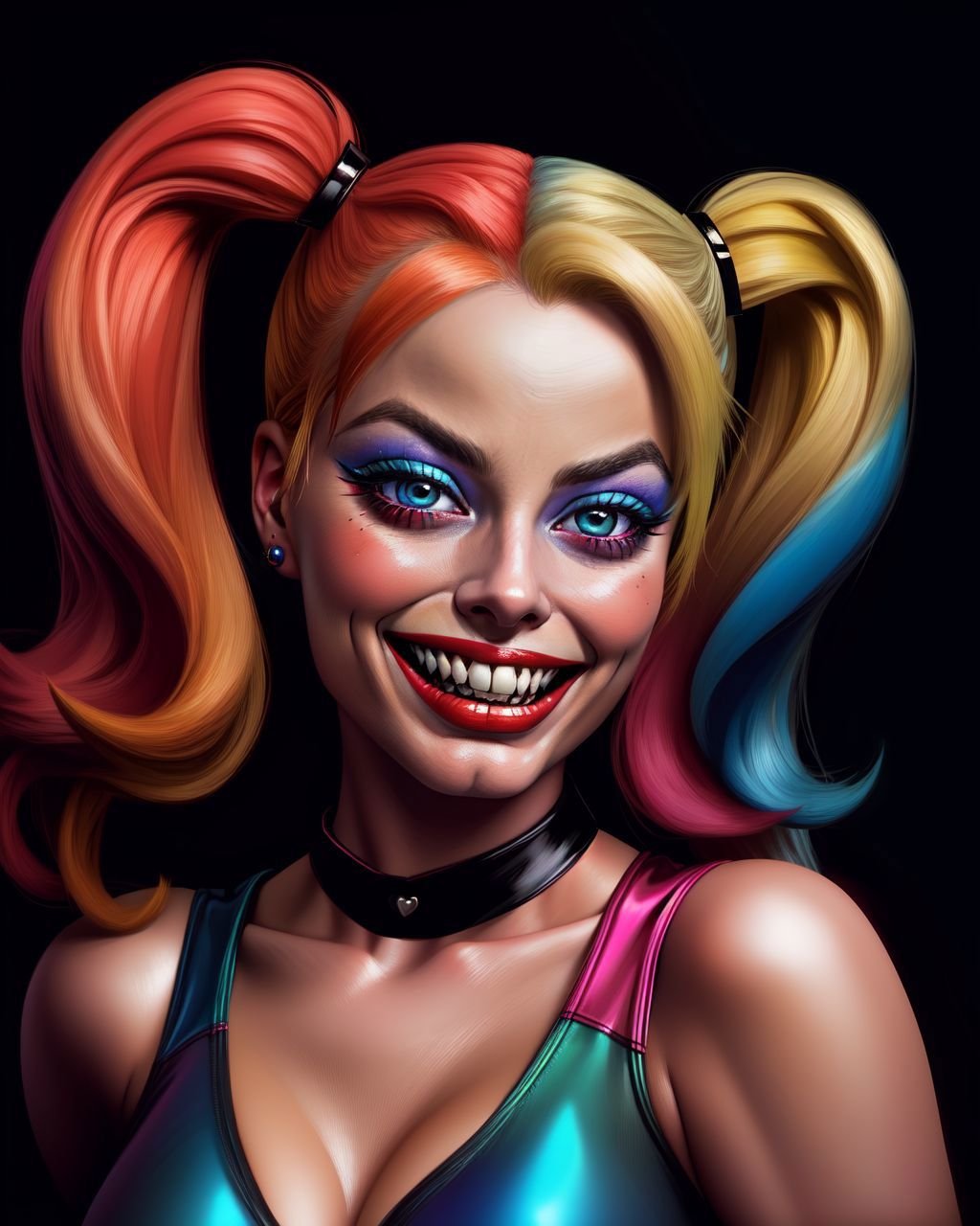 photo RAW, 1/2 shot portrait, Margot Robbie is Harley Quinn, evil grin, Harley Quinn Makeup, masterpiece, award winning photography, lighting, perfect composition, high detail, hyper realistic, dark dramatic lighting, epic,