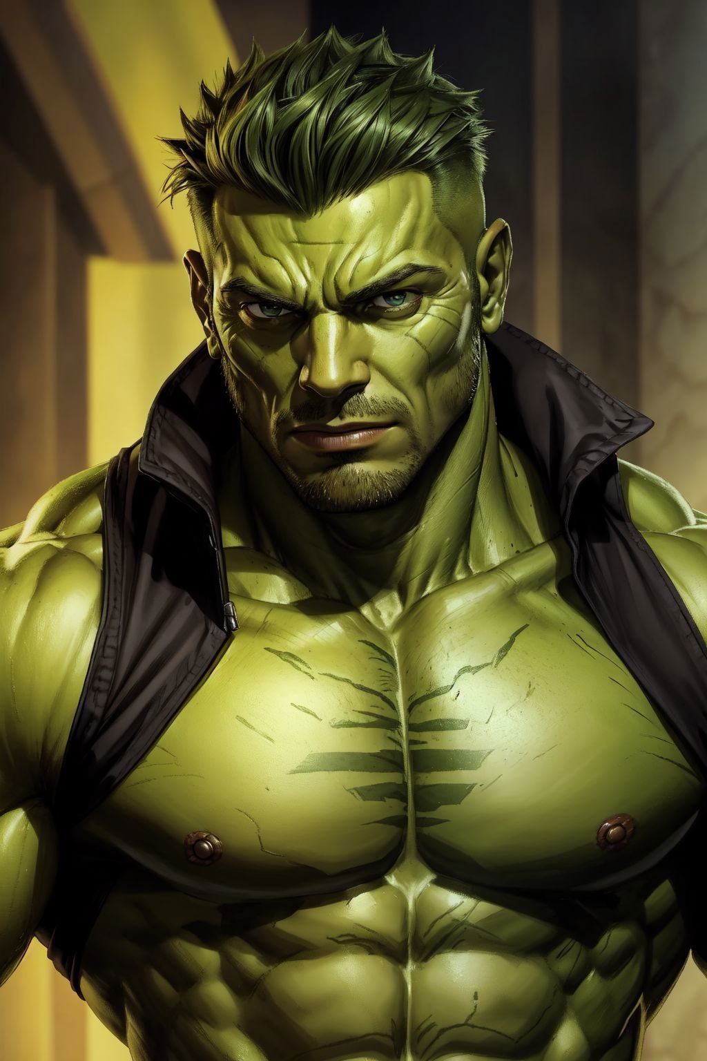 1man, solo, portrait of muscular skrull invasion, green skin,