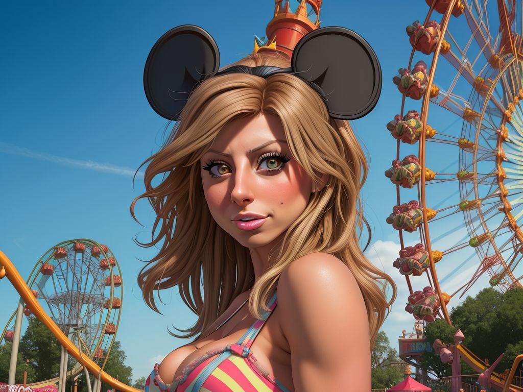 photo RAW, portrait, [Aly Michalka|Madison Ivy] at the amusement park , disneycore, 