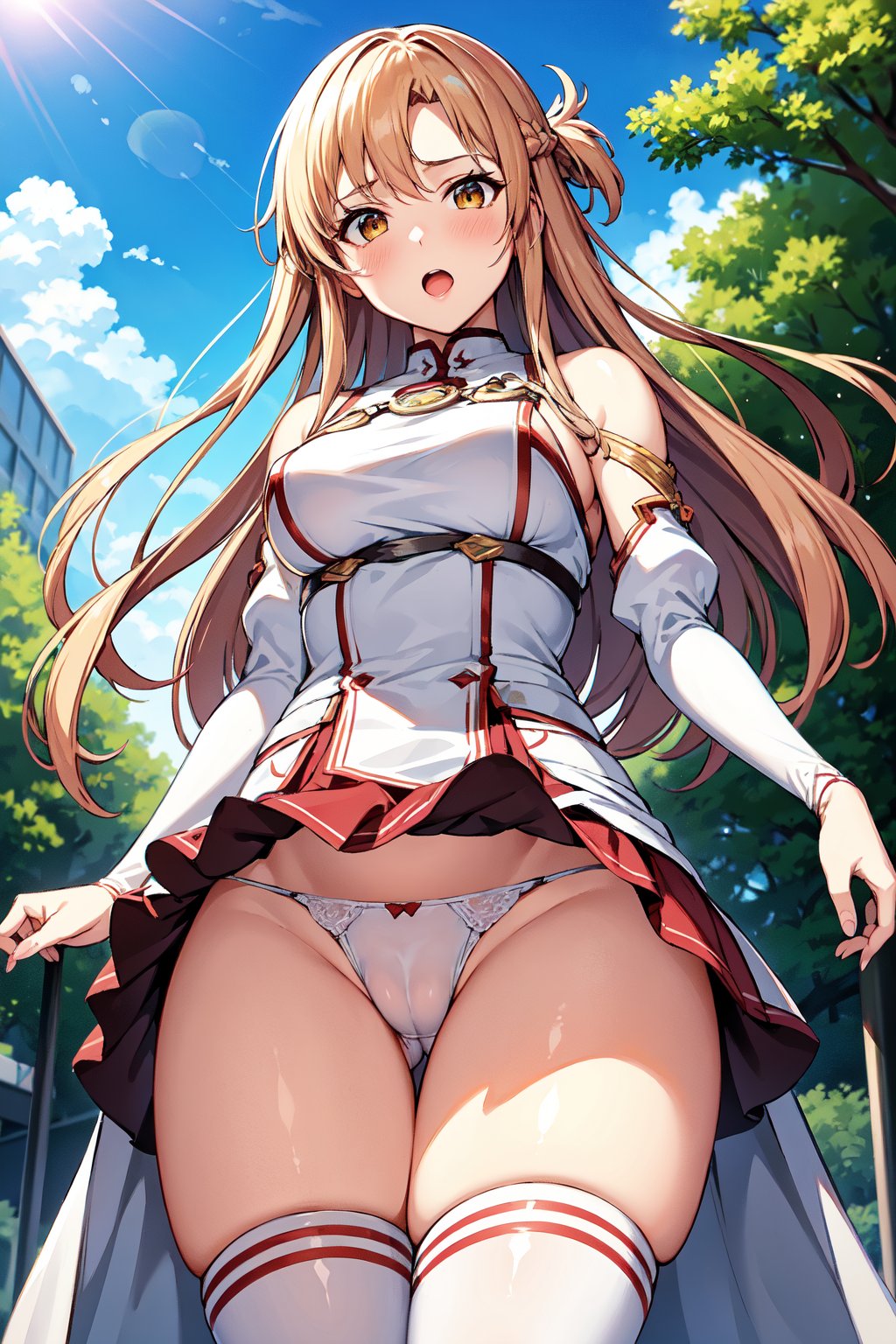 masterpiece, best quality, hdr, wallpaper, ultra detailed, 1girl, aaasuna, solo, (wind lift, wind lifted skirt), standing, from front, cowboy shot, from below, looking at viewer, (white panties, cameltoe, thigh gap), long hair, brown hair, braid, brown eyes, bare shoulders, armor, white sleeves, detached sleeves, red skirt, pleated skirt, white thighhighs, surprised, open mouth, blush, outdoors, park, blue sky, clouds, trees, buildings,