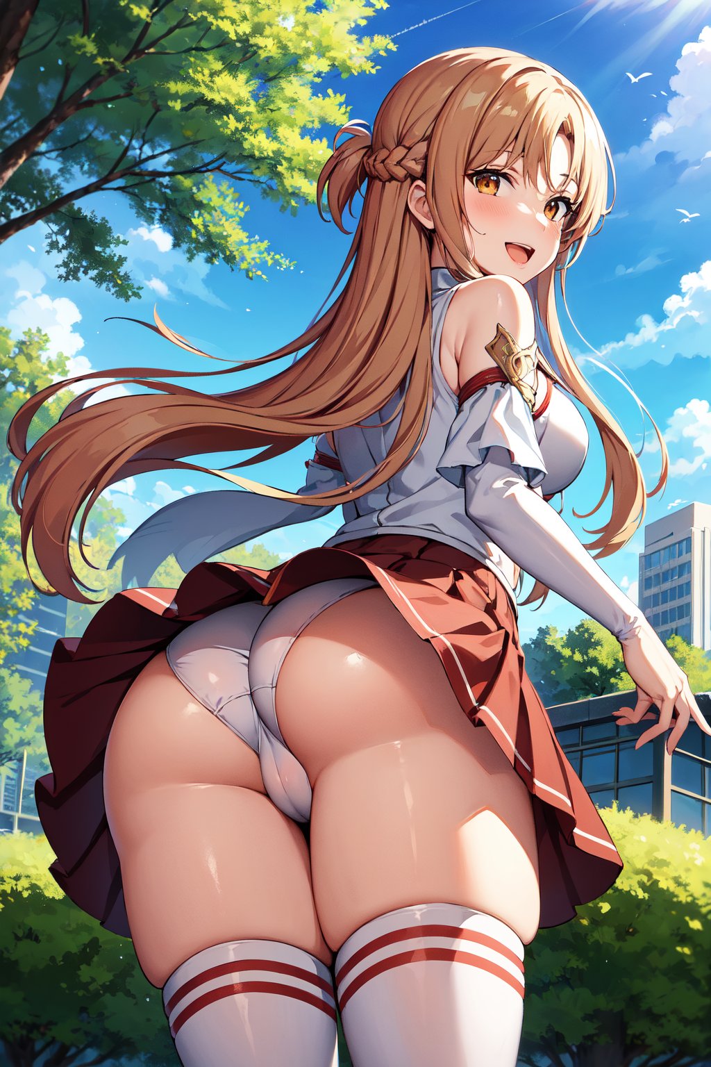 masterpiece, best quality, hdr, wallpaper, ultra detailed, 1girl, aaasuna, solo, wind lift, wind lifted skirt, standing, leaning forward, bent over, cowboy shot, from below, showing her ass, from behind, looking back, looking at viewer, white panties, cameltoe, long hair, brown hair, braid, brown eyes, bare shoulders, armor, white sleeves, detached sleeves, red skirt, pleated skirt, white thighhighs, smile, open mouth, blush, outdoors, park, blue sky, clouds, trees, buildings,