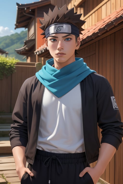 Konohamaru Sarutobi is a handsome 17-year-old young man. He has long, spiky grayish-brown hair and blue eyes. Skinny body. He wears a blue scarf. wearing a thigh-length jacket. wearing a loose printed t-shirt. He is wearing black baggy pants. In the background a scene of fantastic nature, landscape. interactive elements, highly detailed, ((Detailed Face)), ((Detailed Half Body)), Color Booster, sciamano240, Konohamaru Sarutobi