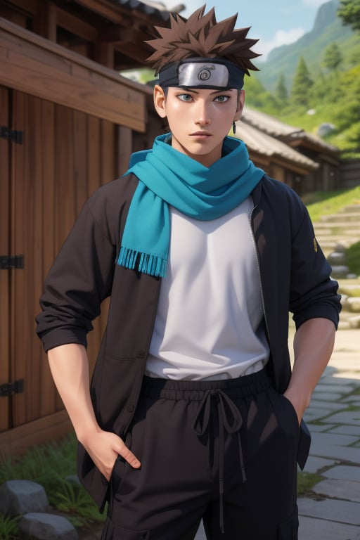 Konohamaru Sarutobi is a handsome 17-year-old young man. He has long, wavy spiked grayish-brown hair, blue eyes. Skinny body. He wears a blue scarf. wearing a thigh-length jacket. wearing a loose printed t-shirt. He is wearing black baggy pants. In the background a scene of fantastic nature, landscape. interactive elements, highly detailed, ((Detailed Face)), ((Detailed Half Body)), Color Booster, sciamano240, Konohamaru Sarutobi