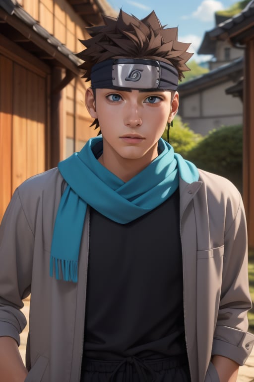 Konohamaru Sarutobi is a handsome 17-year-old young man. He has long, wavy spiked grayish-brown hair, blue eyes. Skinny body. He wears a blue scarf. wearing a thigh-length jacket. wearing a loose printed t-shirt. He is wearing black baggy pants. In the background a scene of fantastic nature, landscape. interactive elements, highly detailed, ((Detailed Face)), ((Detailed Half Body)), Color Booster, sciamano240, Konohamaru Sarutobi