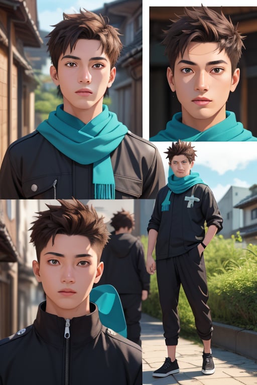 Konohamaru Sarutobi is a handsome 17-year-old young man. He has long, wavy spiked grayish-brown hair, blue eyes. Skinny body. He wears a blue scarf. wearing a thigh-length jacket. wearing a loose printed t-shirt. He is wearing black baggy pants. In the background a scene of fantastic nature, landscape. interactive elements, highly detailed, ((Detailed Face)), ((Detailed Half Body)), Color Booster, sciamano240, Konohamaru Sarutobi,Futuristic room