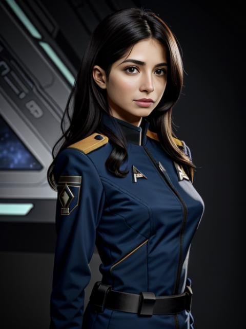 RAW, photo, professional portrait, Sarah Shahi, Star Trek TOS Science Uniform, 